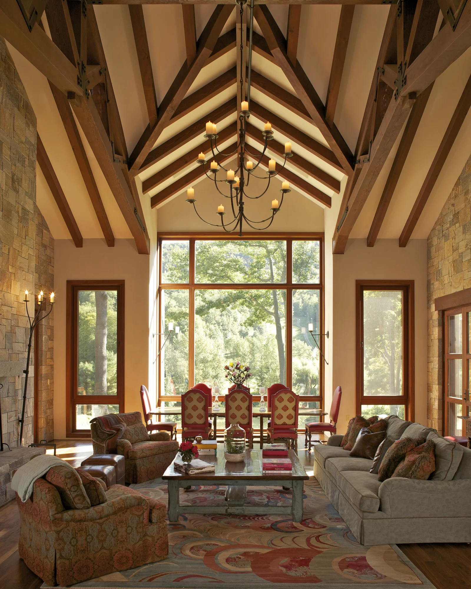 Mountain Chateau great room with cathedral ceiling and chandelier