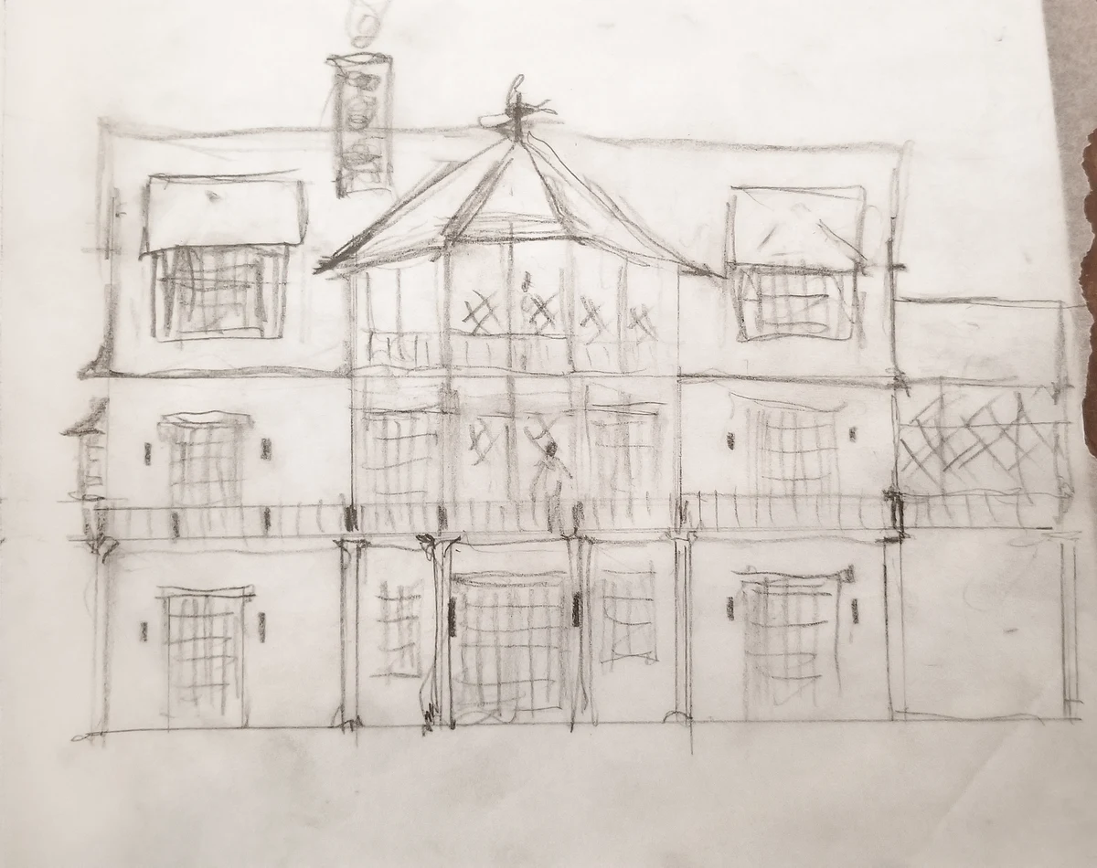 Pencil sketch — lake-facing elevation