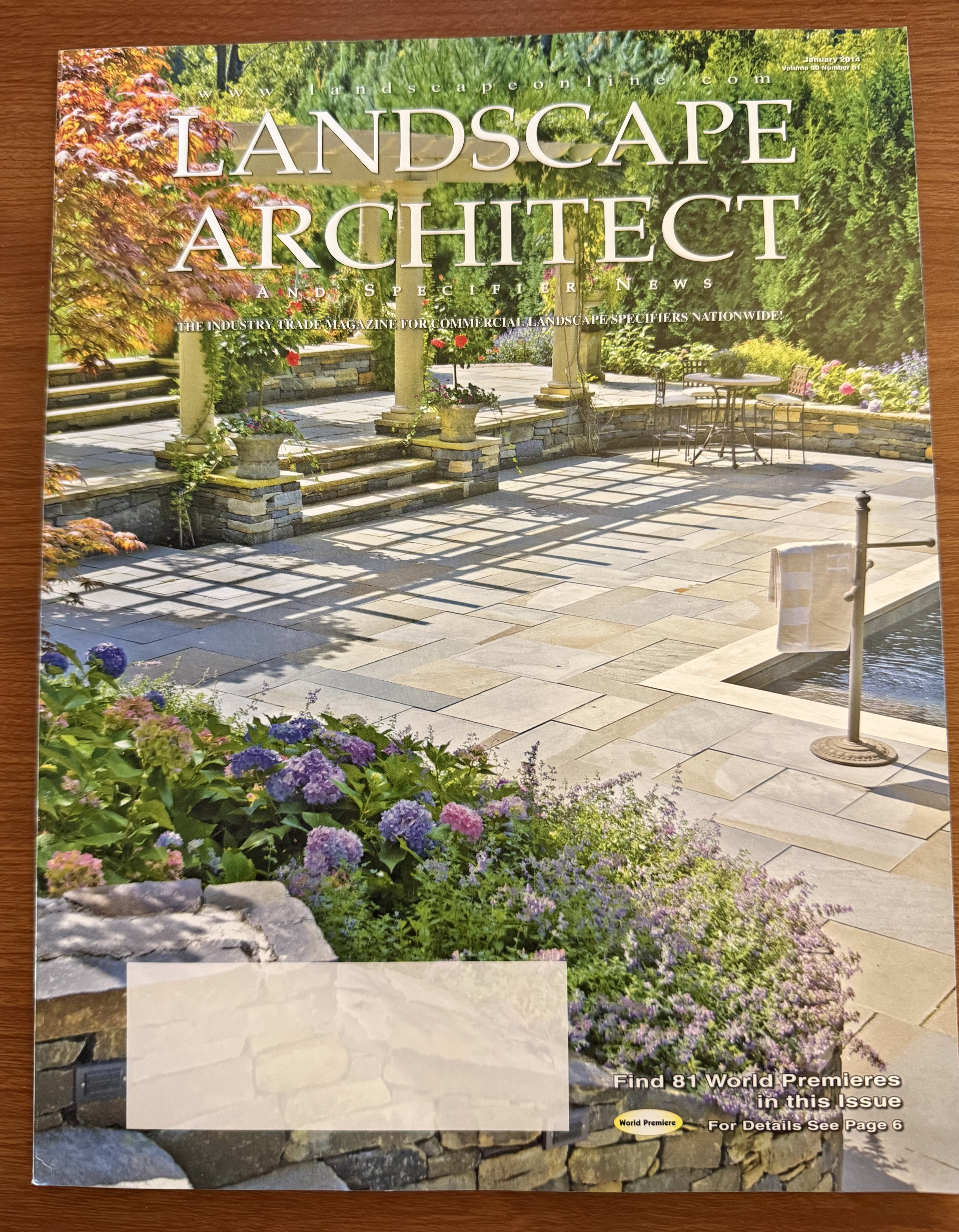 Landscape Architect and Specifier News January 2014 cover featuring a Wingate project